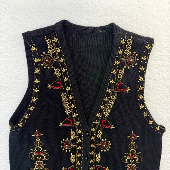 VTG Beaded Sweater Vest Christmas Holiday Teachercore Grandma Womens Black S* - Picture 2 of 15